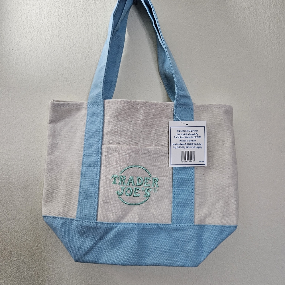 Trader Joe's Blue and Cream Mini Tote Bag.